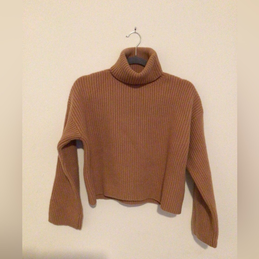 Wool & Cashmere Cropped Ribbed Turtleneck Tan Colored H&M Sweater in Sz S